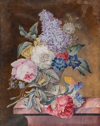 Jarrón de flores incluyendo una rosa y lila en un borde de mármol, 1841